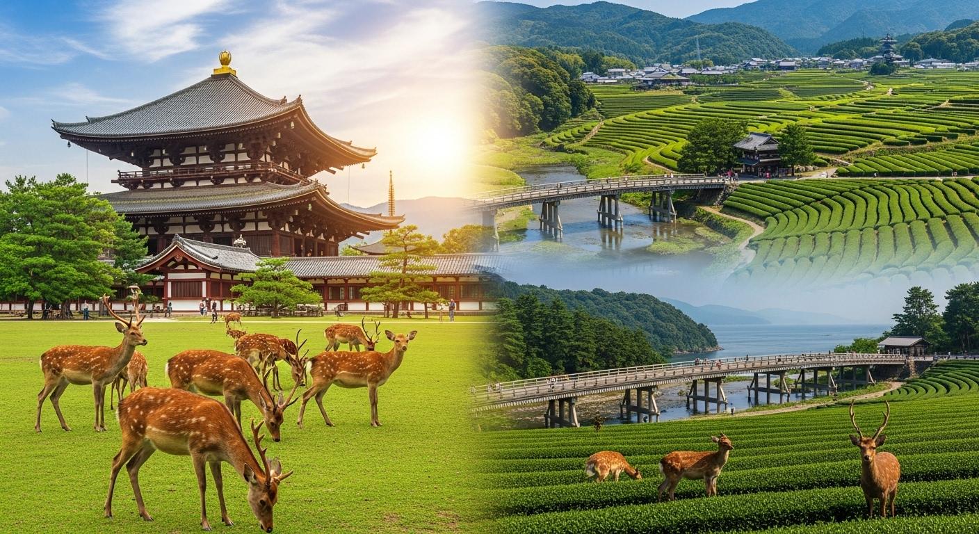 Vue panoramique de Nara avec des daims en liberté devant le grand temple Tōdai-ji, des champs de thé verdoyants à Uji longeant une rivière et son pont historique, et des rizières ondulantes sous le soleil à Oda avec la mer en arrière-plan.