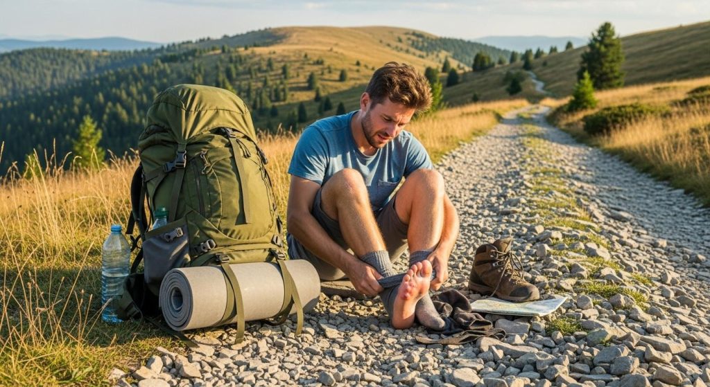 Un marcheur solitaire s'assoit en bord de chemin, enlève ses chaussures pour examiner des ampoules douloureuses sur ses pieds, avec un sac à dos posé à côté sur un sentier caillouteux.